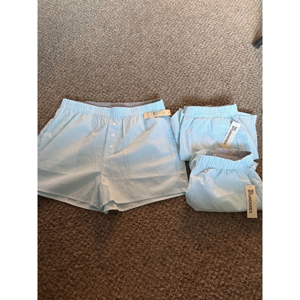 Set of 3 No Boundaries Women Blue White Striped Boxer Shorts NWT Size L 12-14
